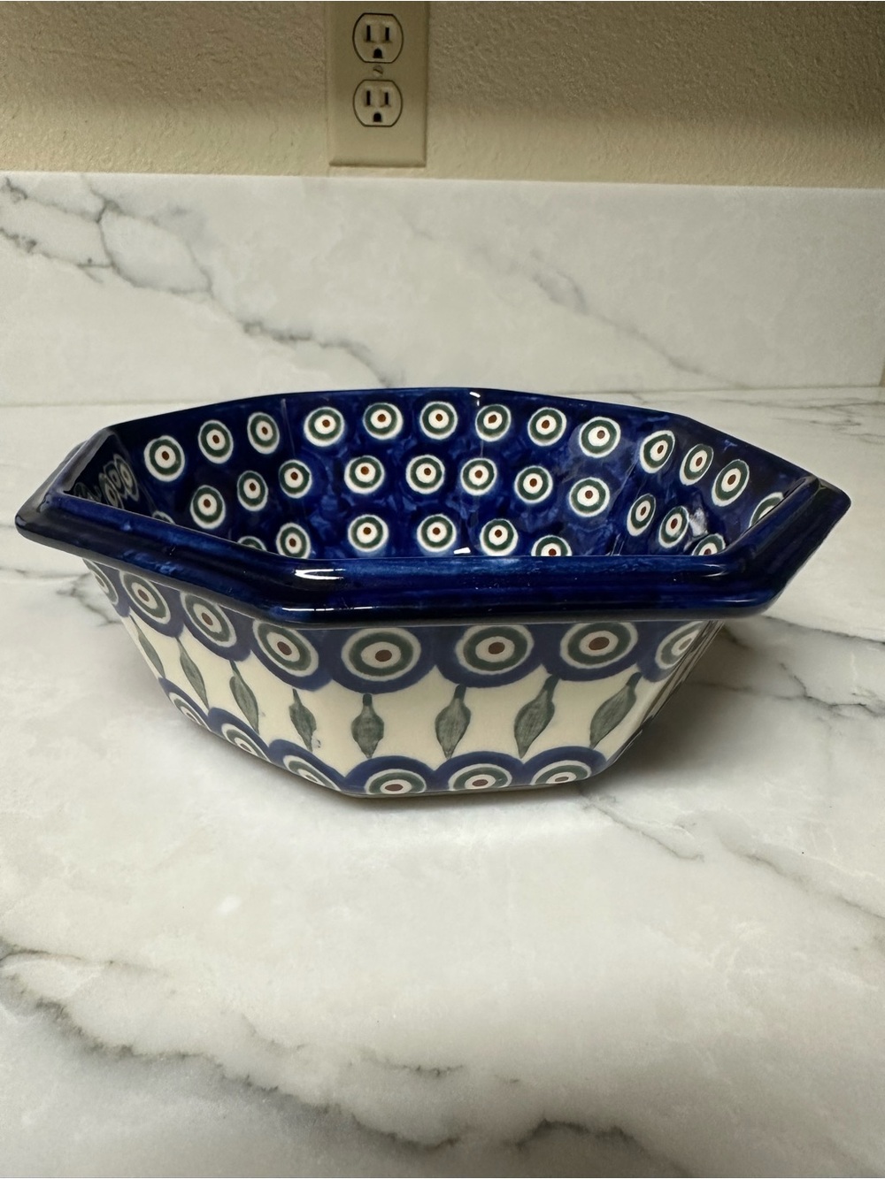 Boleslawiec Handmade Polish
Pottery Blue White Dots Octagonal
Bowl.
